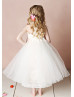 Ivory Satin Tulle Tea Length Cross Back Simple Flower Girl Dress